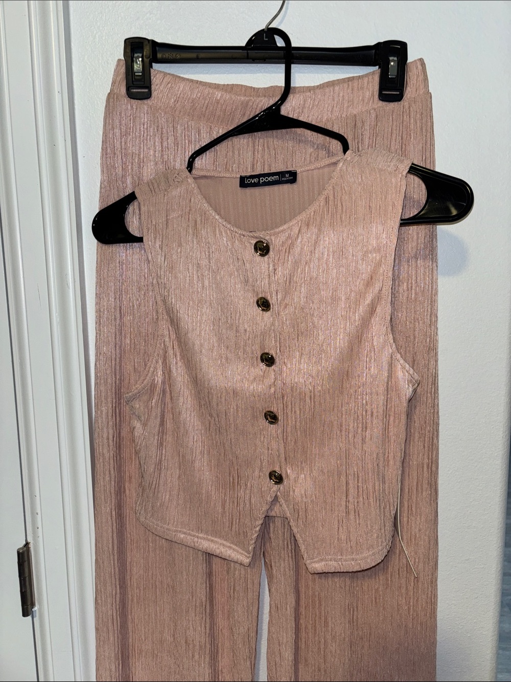 Love Poem Blush Pink Ribbed Button Front Tank & Wide Leg Pants Set